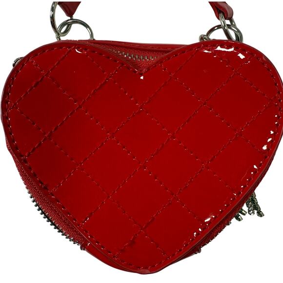 Poster Girl Red Heart Purse Rhinestone Fringe Mini Bag Patent Leather - Picture 4 of 9